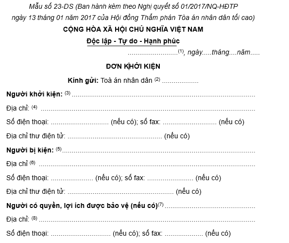 Mẫu đơn khởi kiện vụ án dân sự mới nhất